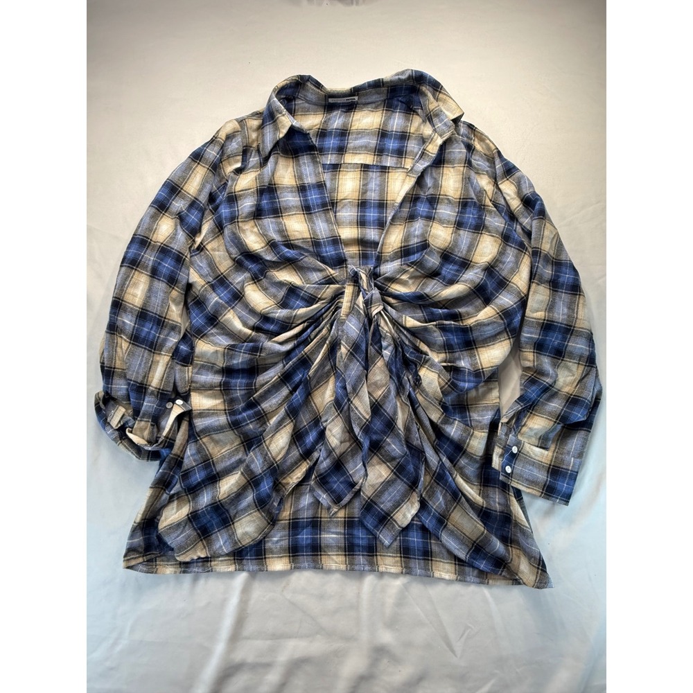 Fashion Nova Womens Blue Tan Plaid Front Knot Tie Long Sleeve Shirt Size Medium
